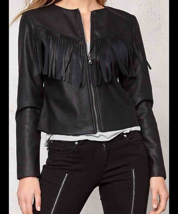 Womens Western Style Fashion Leather Jacket Black with Fringe