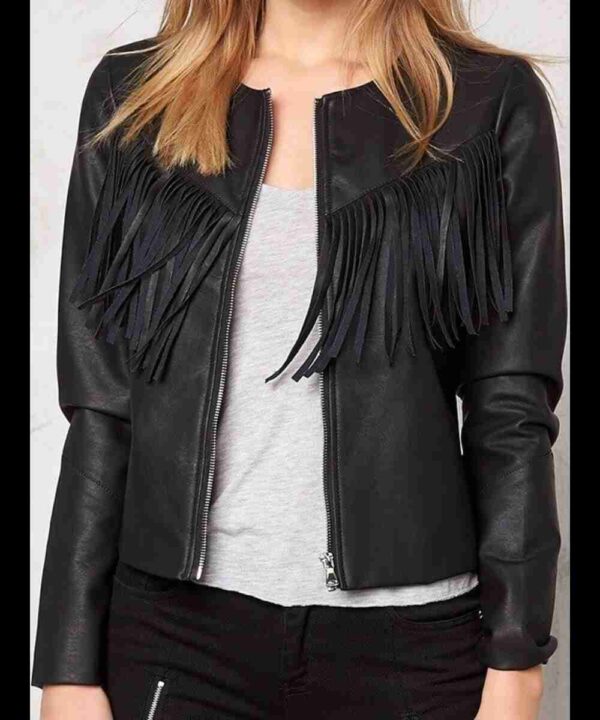 Womens Western Style Fashion Leather Jacket Black with Fringe