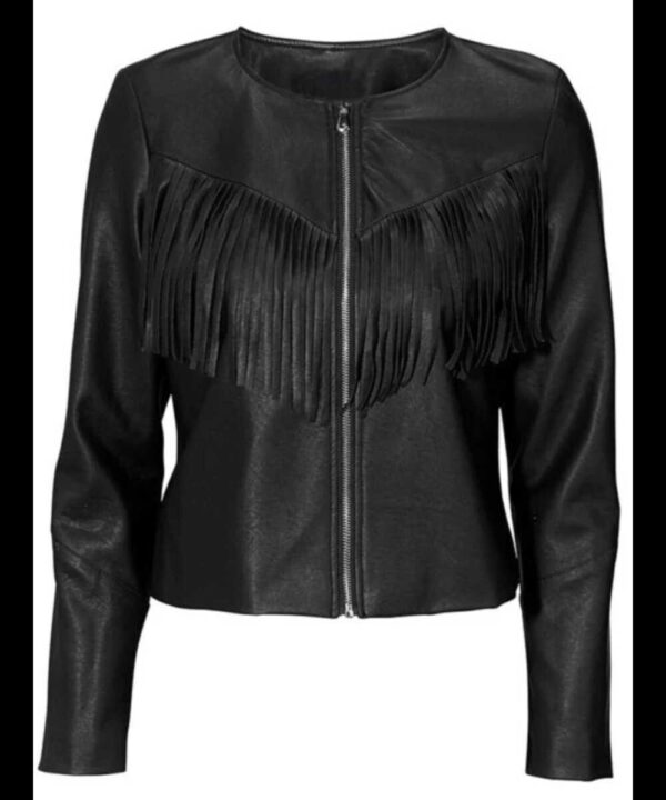 Womens Western Style Fashion Leather Jacket Black with Fringe