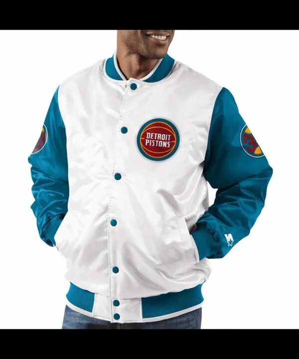 Pistons Ty Mopkins Teal and White Satin Jacket