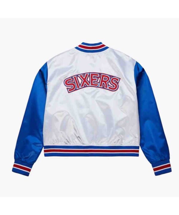 Women’s Philadelphia 76ers Cropped White and Blue Satin Jacket