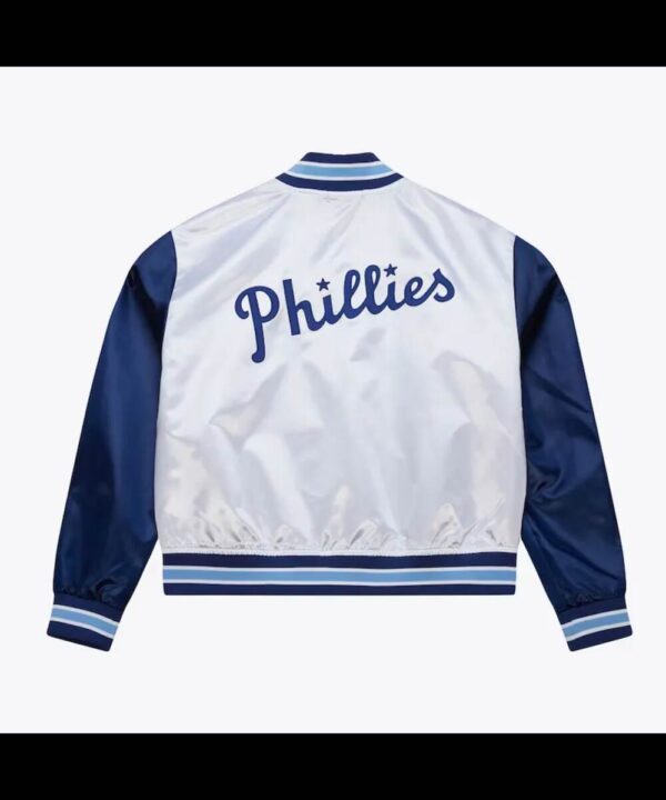 Women’s Philadelphia Blue Jays Cropped White and Blue Satin Jacket