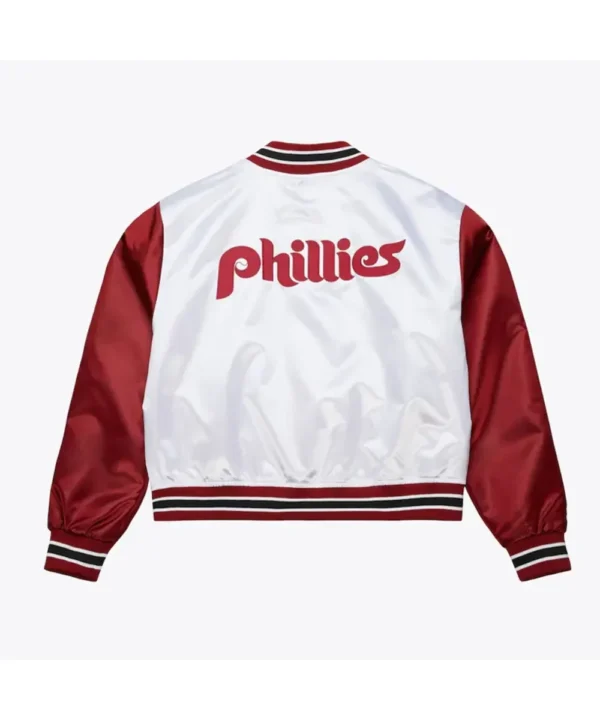 Women’s Philadelphia Phillies Cropped White and Red Satin Jacket