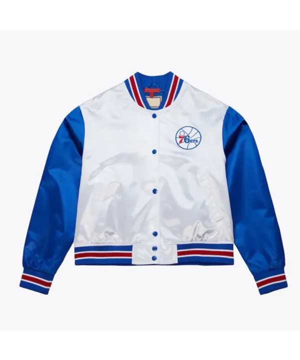 Women’s Philadelphia 76ers Cropped White and Blue Satin Jacket