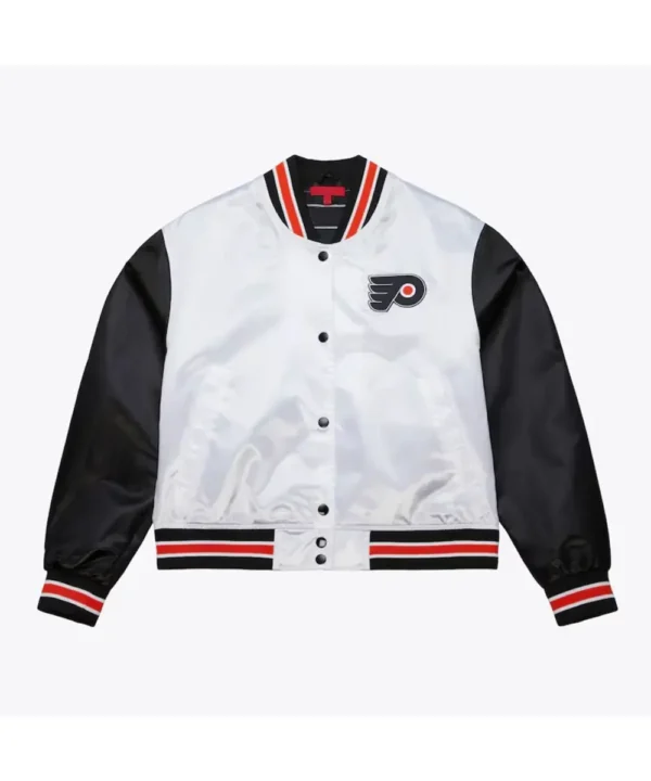 Women’s Philadelphia Flyers Cropped White and Black Satin Jacket