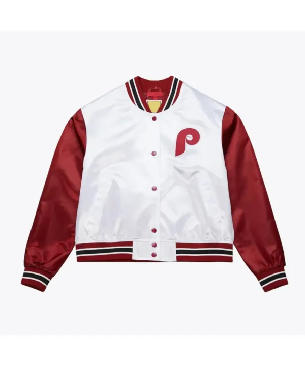 Women’s Philadelphia Phillies Cropped White and Red Satin Jacket