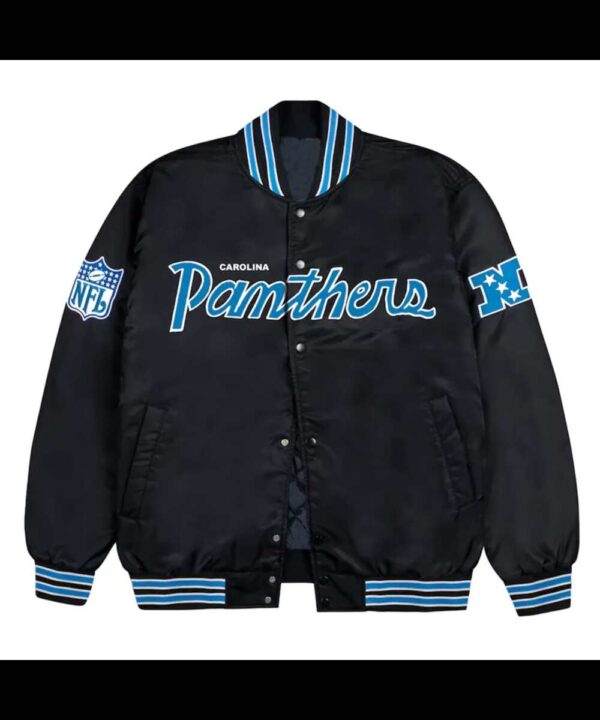 Carolina Panthers Blue Rib Bomber Black Satin Jacket