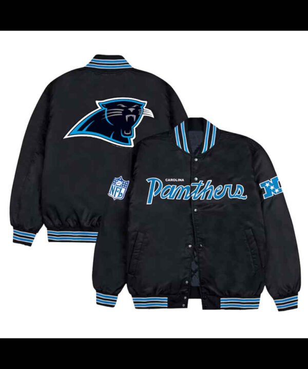 Carolina Panthers Blue Rib Bomber Black Satin Jacket