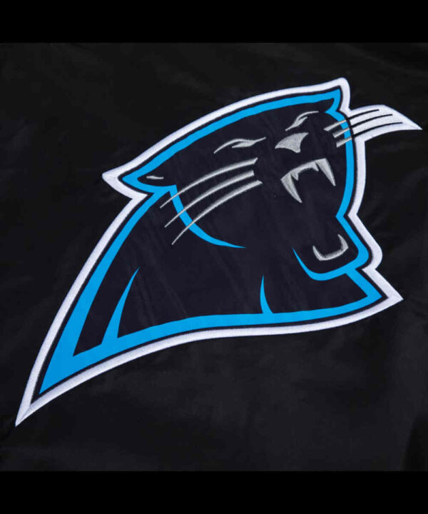 Carolina Panthers Blue Rib Bomber Black Satin Jacket