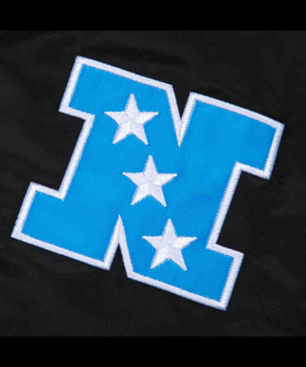 Carolina Panthers Blue Rib Bomber Black Satin Jacket