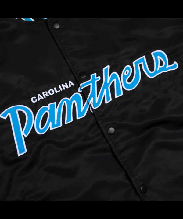 Carolina Panthers Blue Rib Bomber Black Satin Jacket