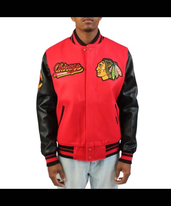 Chicago Blackhawks Red and Black Varsity Wool/Leather Jacket