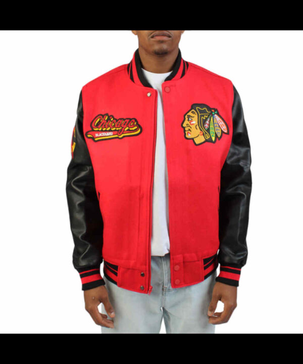 Chicago Blackhawks Red and Black Varsity Wool/Leather Jacket