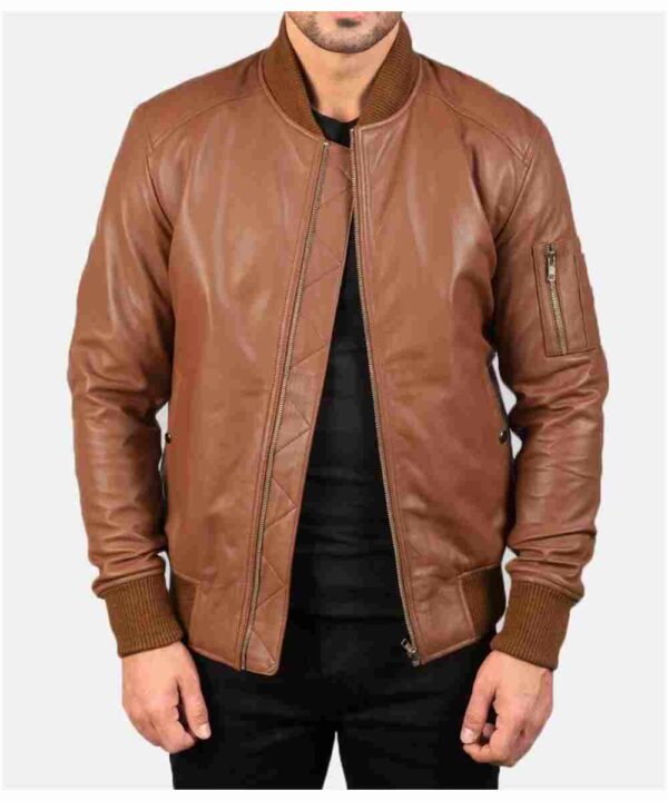 Men’s MA-1 Flight Brown Leather Bomber Jacket