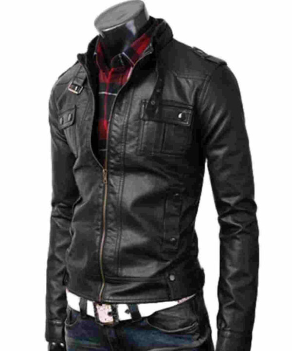 Men’s Strap Collar Casual Slim Fit Black Leather Jacket