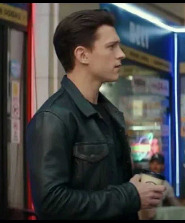 Uncharted Movie Tom Holland Black Leather Jacket