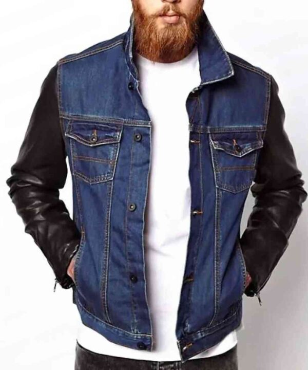 Men’s Denim Jacket with Leather Sleeves - Forever Jackets