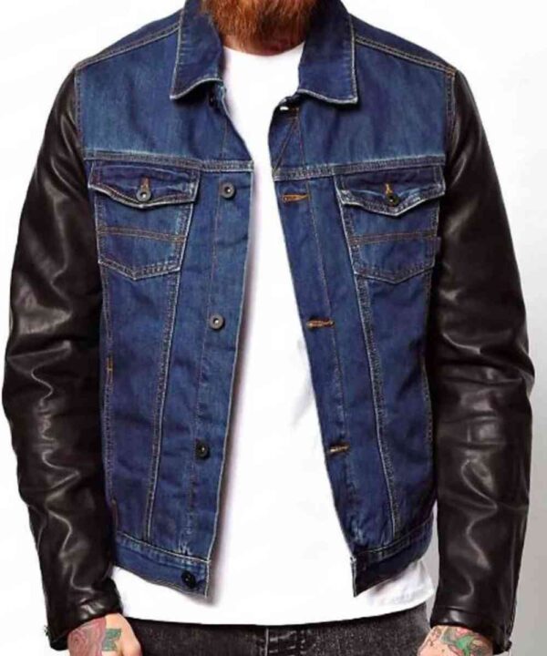 Men’s Denim Jacket with Leather Sleeves - Forever Jackets