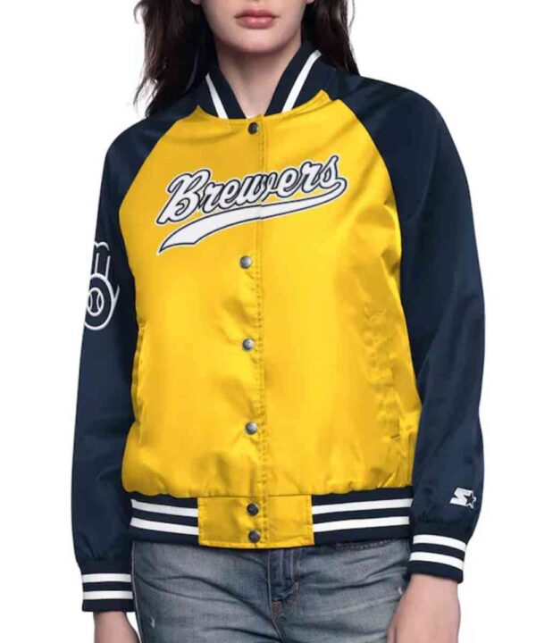 GoldNavy Milwaukee Brewers Home Run Varsity Satin Jacket - Forever Jackets