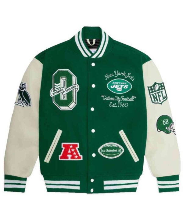 Men’s OVO x NFL Green New York Jets Full-Snap Varsity Jacket - Forever Jackets