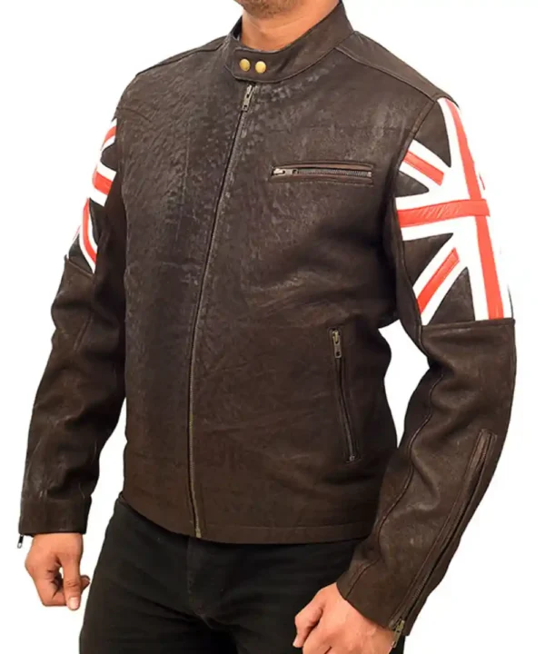 Union Jack UK Flag Logo Cafe Racer Leather Jacket