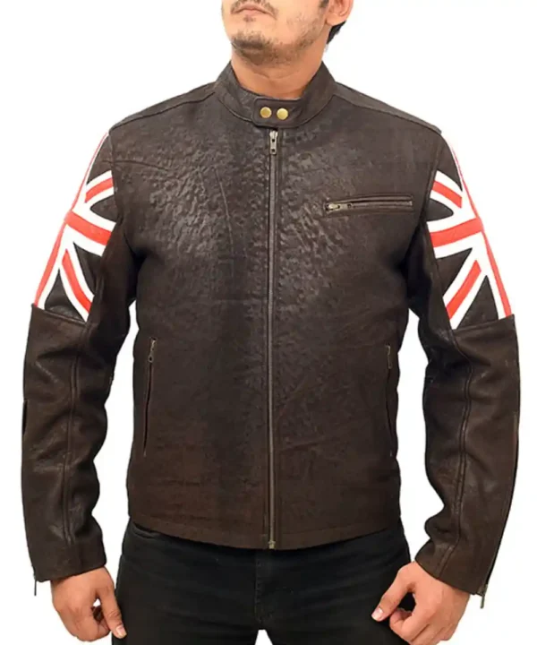 Union Jack UK Flag Logo Cafe Racer Leather Jacket