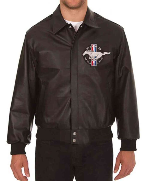 Embroidered Ford Mustang Bomber Black Leather Jacket - Forever Jackets