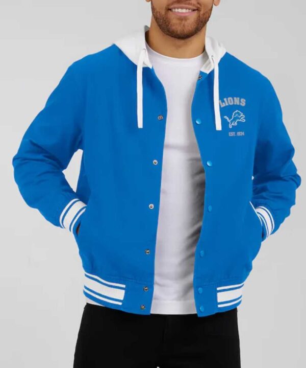 Detroit Lions Blue Cotton Hooded Jacket - Forever Jackets