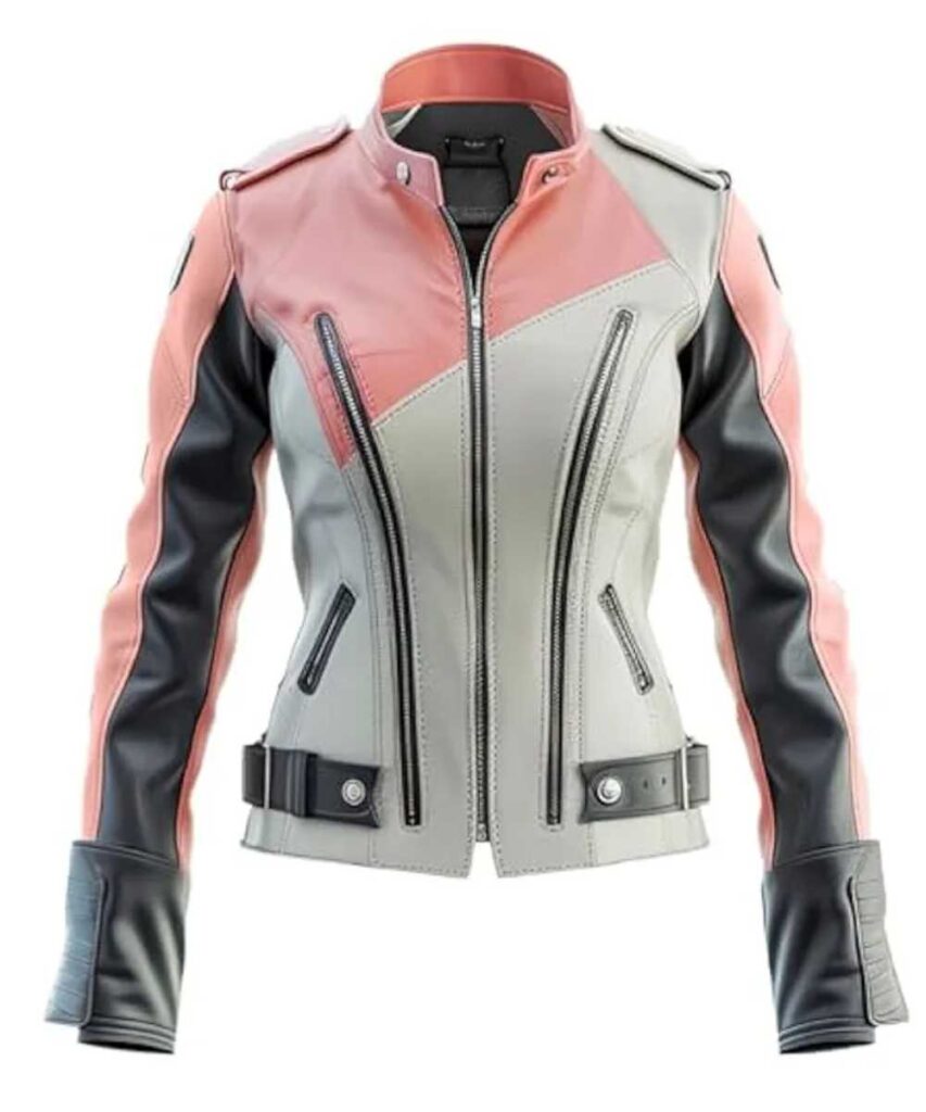 Women’s Peach Pink and Black Biker Leather Jacket