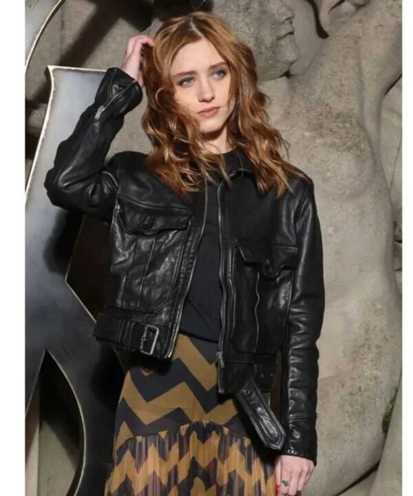 Natalia Dyer PFW Black Leather Jacket - Forever Jackets