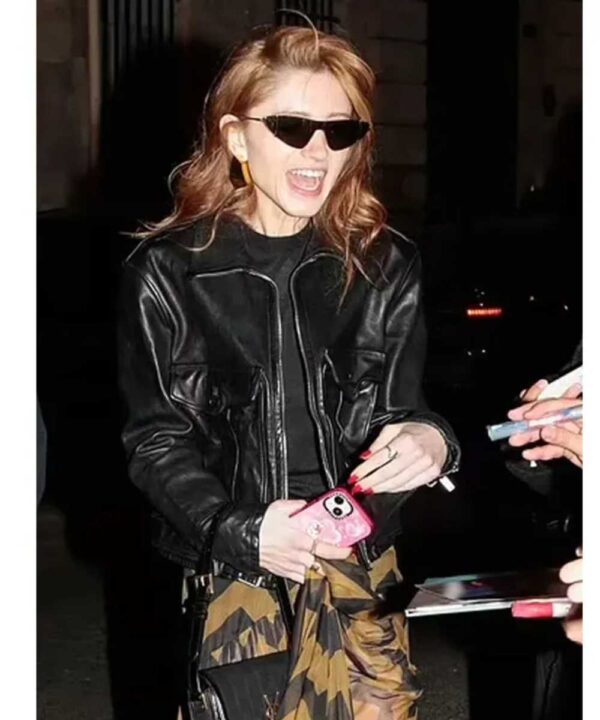 Natalia Dyer PFW Black Leather Jacket - Forever Jackets