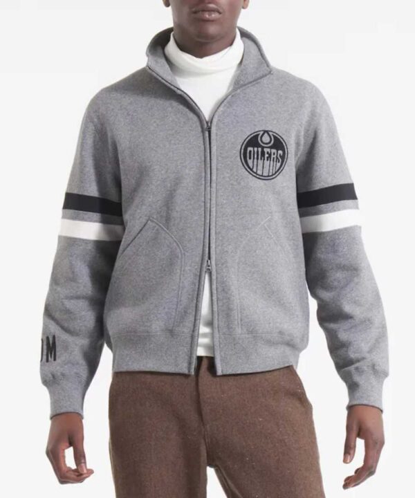 Edmonton Oilers Heather Gray Striped Fleece Jacket - Forever Jackets