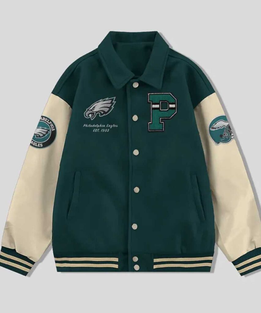 Philadelphia Eagles Collared Green and Off White Varsity Jacket - Forever Jackets